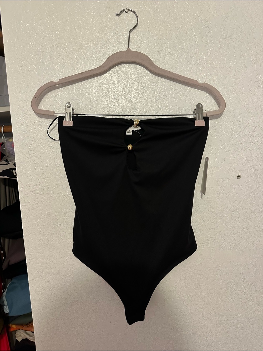 gaze Black Strapless High-Cut Bodysuit with Gold Accent